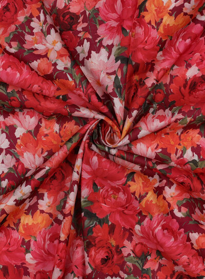 burgundy pink flowers - cotton voile