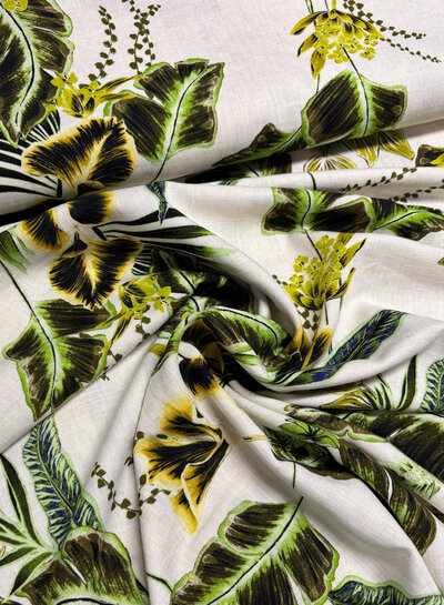 Madeline lime groen bloemen - linnen viscose