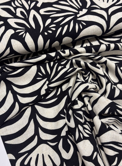 black flowers - linen rayon blend