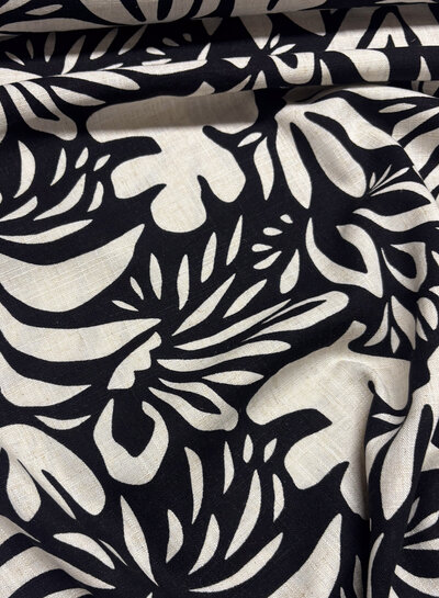 black flowers - linen rayon blend