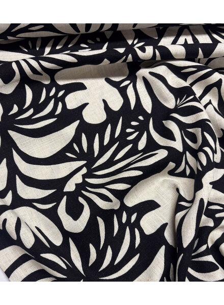 black flowers - linen rayon blend
