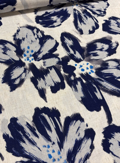 painted flowers blauw  - linnen rayon blend