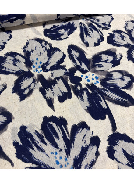 painted flowers blauw  - linnen rayon blend