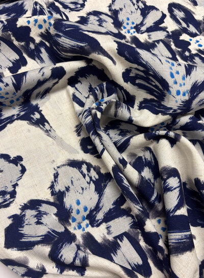 painted flowers blue - linen. Rayon blend