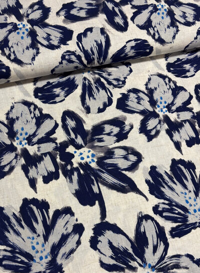 painted flowers blue - linen. Rayon blend