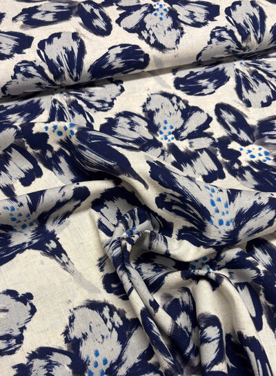painted flowers blauw  - linnen rayon blend
