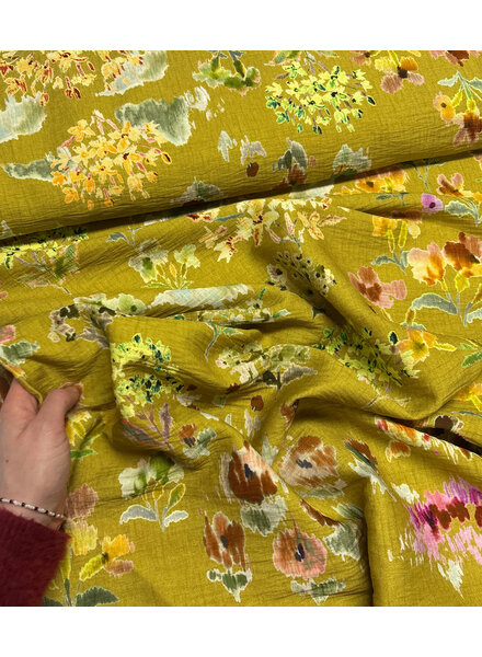A la Ville flower field on ochre - Burda Style - viscose slub