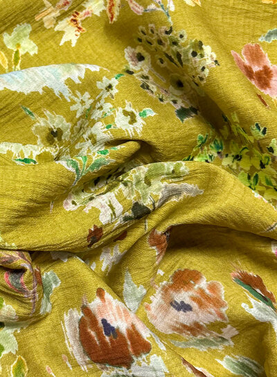 A la Ville flower field on ochre - Burda Style - viscose slub