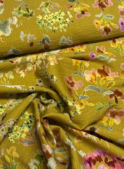 A la Ville flower field on ochre - Burda Style - viscose slub