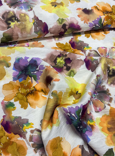 A la Ville watercolor camel and purple flowers - viscose slub