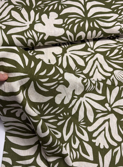 khaki - flowers - linen rayon blend