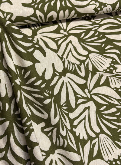 khaki - flowers - linen rayon blend