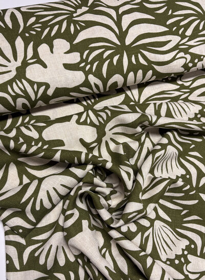 khaki - flowers - linnen rayon blend