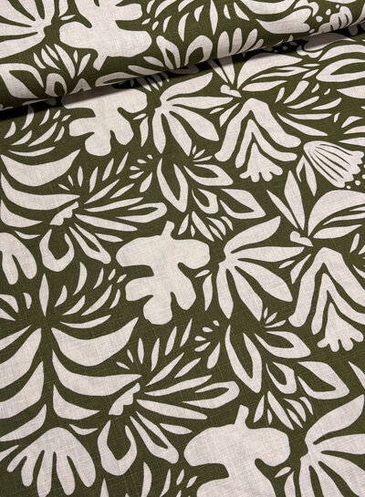 khaki - flowers - linnen rayon blend