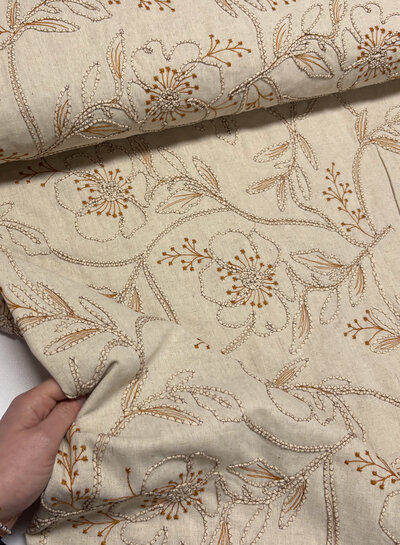 naturel embroidery flowers - linnen rayon mix