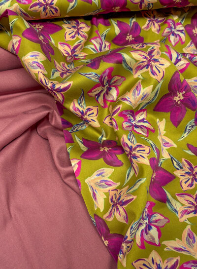 mustard yellow and fuchsia flowers - satin cotton