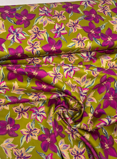 mustard yellow and fuchsia flowers - satin cotton
