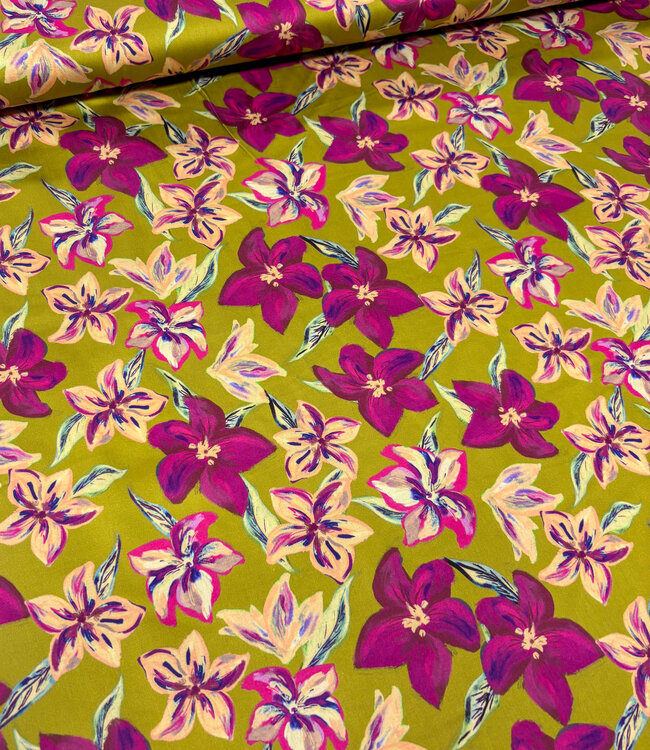 mosterdgeel en fuchsia bloemen - gesatineerde katoen