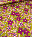 mosterdgeel en fuchsia bloemen - gesatineerde katoen