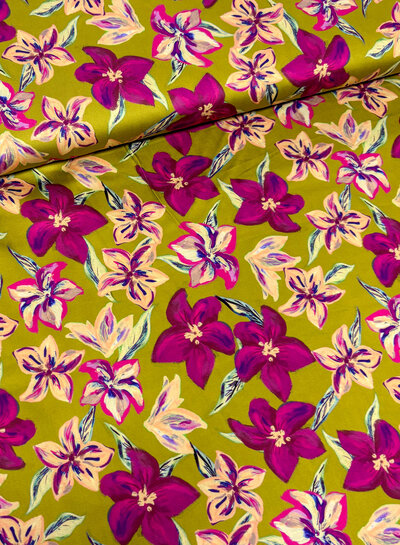 mustard yellow and fuchsia flowers - satin cotton