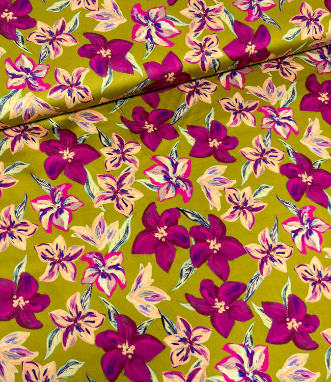 mosterdgeel en fuchsia bloemen - gesatineerde katoen