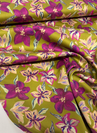 mustard yellow and fuchsia flowers - satin cotton