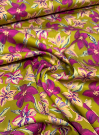 mustard yellow and fuchsia flowers - satin cotton