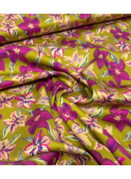 mosterdgeel en fuchsia bloemen - gesatineerde katoen