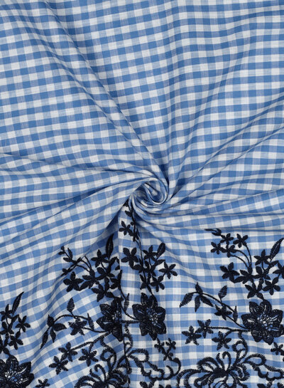 Vichy blue - embroidery border - katoen