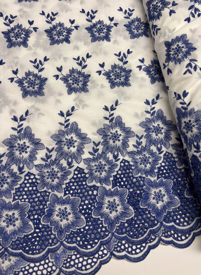embroidered flowers with border and scalloped edge - cotton voile
