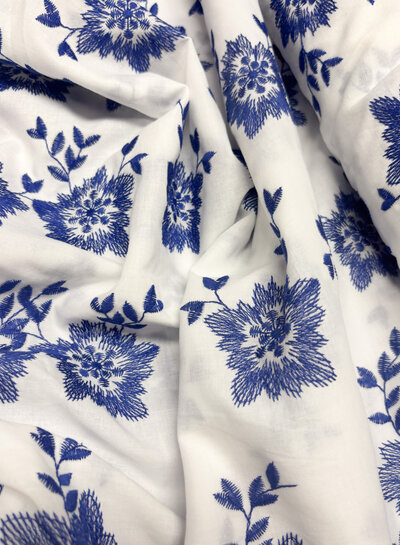 embroidered flowers with border and scalloped edge - cotton voile