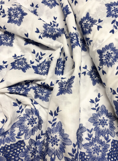 embroidered flowers with border and scalloped edge - cotton voile