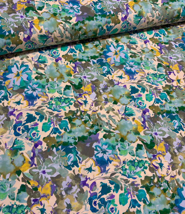 Madeline groen bloemen - stretch katoen