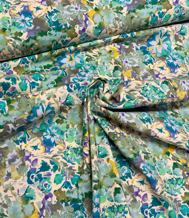 Madeline groen bloemen - stretch katoen