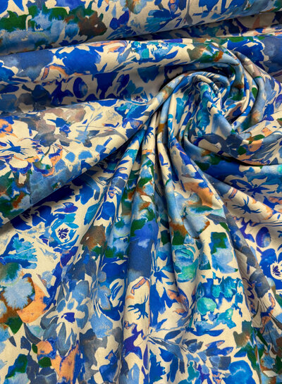 Madeline blauw bloemen - stretch katoen