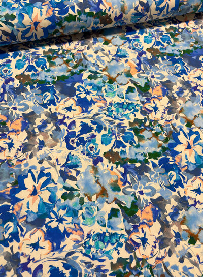 Madeline blauw bloemen - stretch katoen