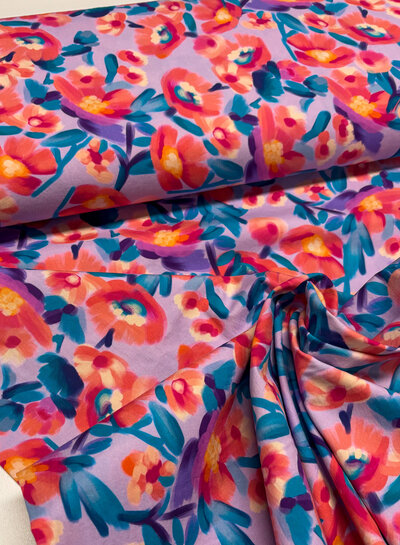 Madeline roze bloemen op lila - stretch katoen