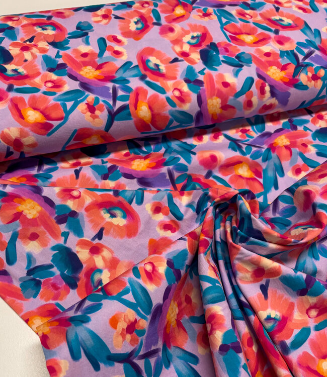 Madeline roze bloemen op lila - stretch katoen