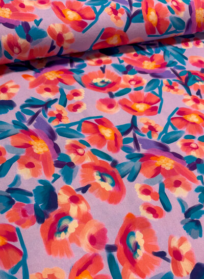 Madeline roze bloemen op lila - stretch katoen