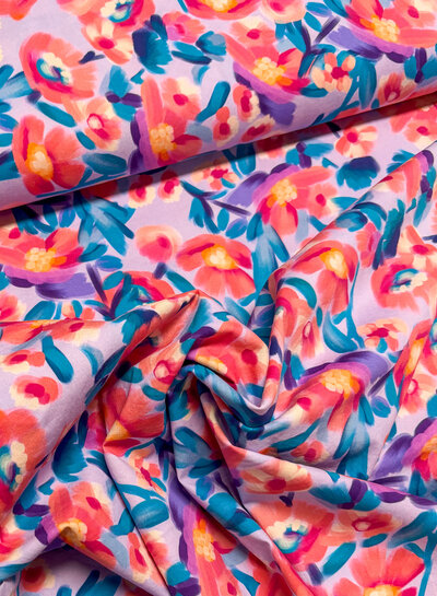 Madeline roze bloemen op lila - stretch katoen