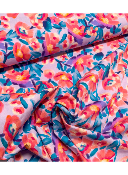 Madeline pink flowers on lilac - stretch cotton