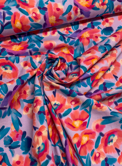 Madeline pink flowers on lilac - stretch cotton
