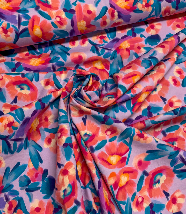 Madeline roze bloemen op lila - stretch katoen