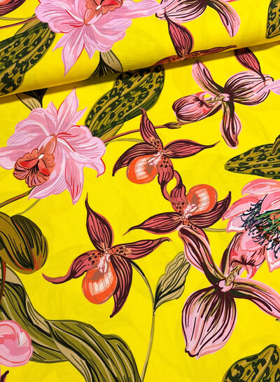 Madeline pink flowers on yellow - viscose twill