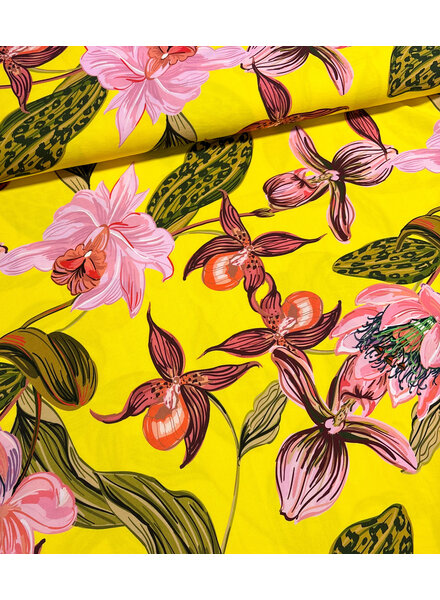 Madeline pink flowers on yellow - viscose twill