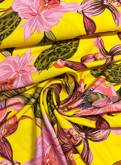 Madeline pink flowers on yellow - viscose twill