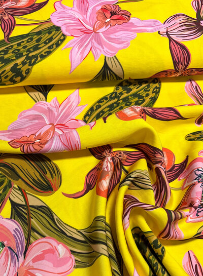 Madeline pink flowers on yellow - viscose twill