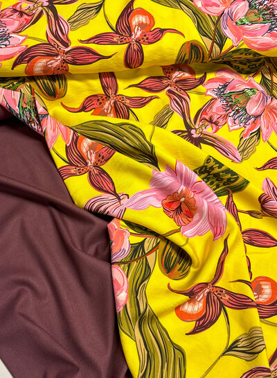 Madeline pink flowers on yellow - viscose twill