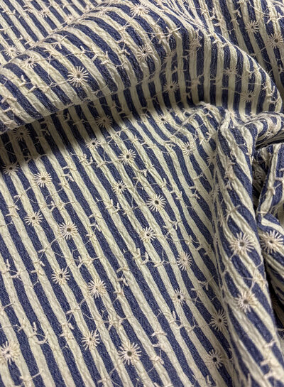 Navy stripes and floral embroidery - viscose mix