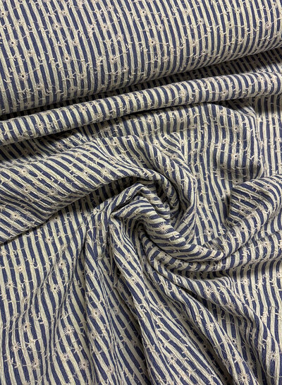 marine streepjes en bloemetjes broderie - viscose mix